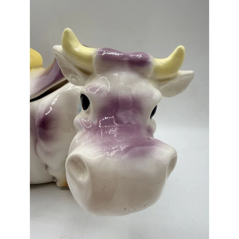 RARE McCoy W10 Cow Cookie Jar Cat On Back in PURPLE : Reissued By JD 1992